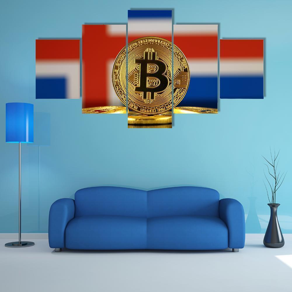 Iceland Flag With Bitcoins Canvas Wall Art-5 Star-Gallery Wrap-62" x 32"-Tiaracle