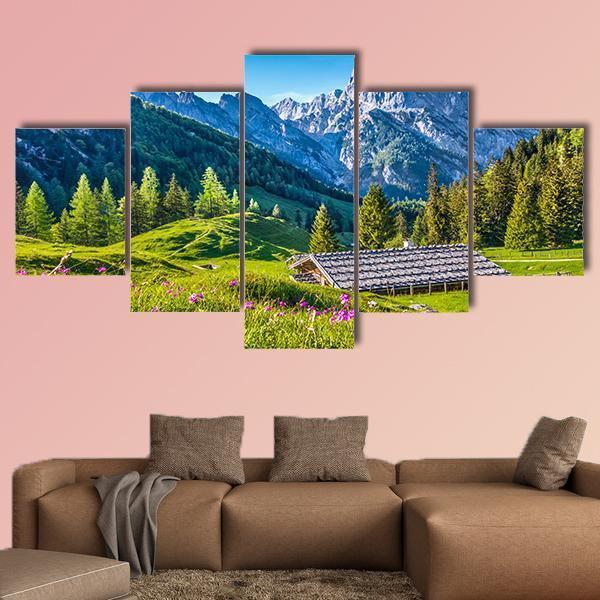 Idyllic Landscape With Alps In Sunset Canvas Wall Art-5 Star-Gallery Wrap-62" x 32"-Tiaracle