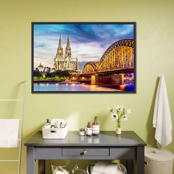 Illuminated Dom In Cologne Canvas Wall Art-1 Piece-Floating Frame-36" x 24"-Tiaracle