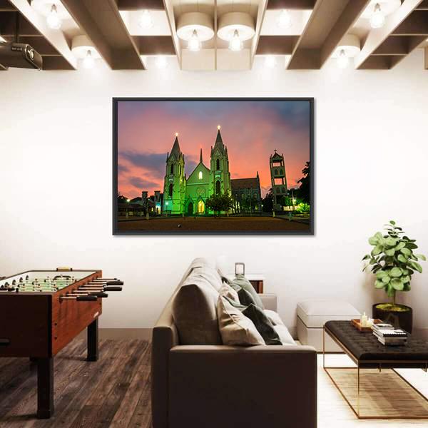 Illuminated St Sebastian Cathedral Canvas Wall Art-5 Horizontal-Gallery Wrap-22" x 12"-Tiaracle