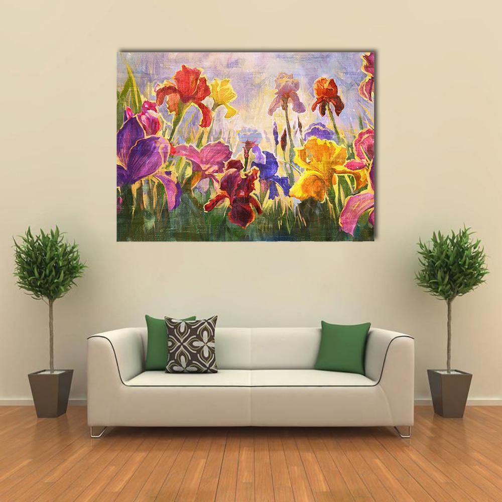 Illustration Of Flowers Irises Canvas Wall Art-1 Piece-Gallery Wrap-48" x 32"-Tiaracle
