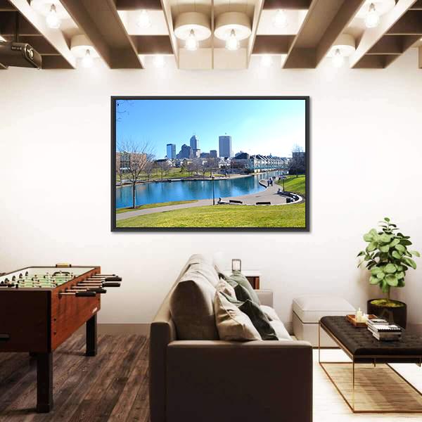 Indiana Canal & Skyline Canvas Wall Art-3 Horizontal-Gallery Wrap-25" x 16"-Tiaracle