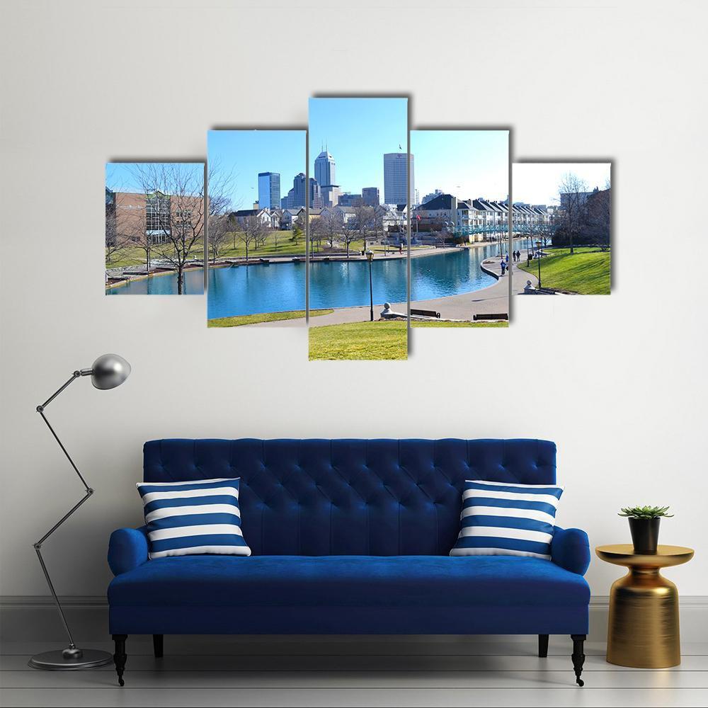 Indiana Canal & Skyline Canvas Wall Art-5 Star-Gallery Wrap-62" x 32"-Tiaracle