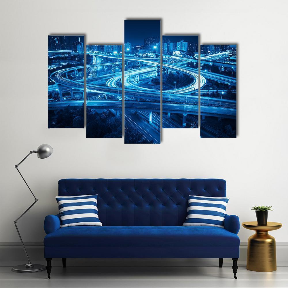Interchange Overpass At Night Shanghai Canvas Wall Art-5 Pop-Gallery Wrap-47" x 32"-Tiaracle