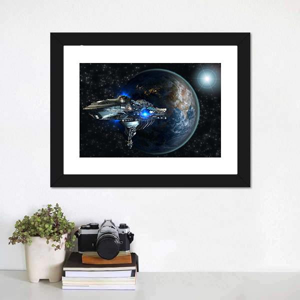 Interstellar Spaceship Leaving Earth Canvas Wall Art-1 Piece-Framed Print-20" x 16"-Tiaracle
