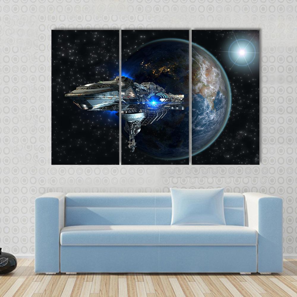 Interstellar Spaceship Leaving Earth Canvas Wall Art-3 Horizontal-Gallery Wrap-37" x 24"-Tiaracle
