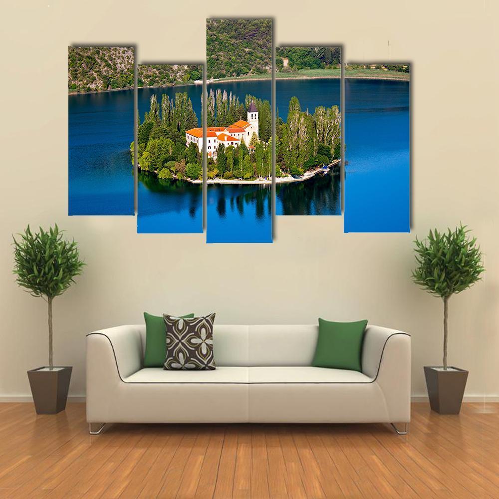 Island On River Krka Canvas Wall Art-5 Pop-Gallery Wrap-47" x 32"-Tiaracle