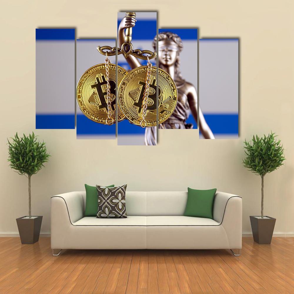 Israel Flag With Bitcoin Canvas Wall Art-5 Pop-Gallery Wrap-47" x 32"-Tiaracle