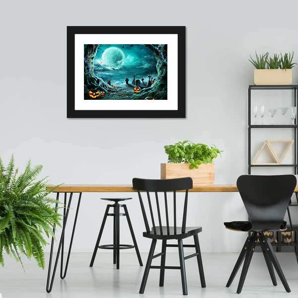 Jack O Lantern In Cemetery At Night Canvas Wall Art-5 Horizontal-Gallery Wrap-22" x 12"-Tiaracle