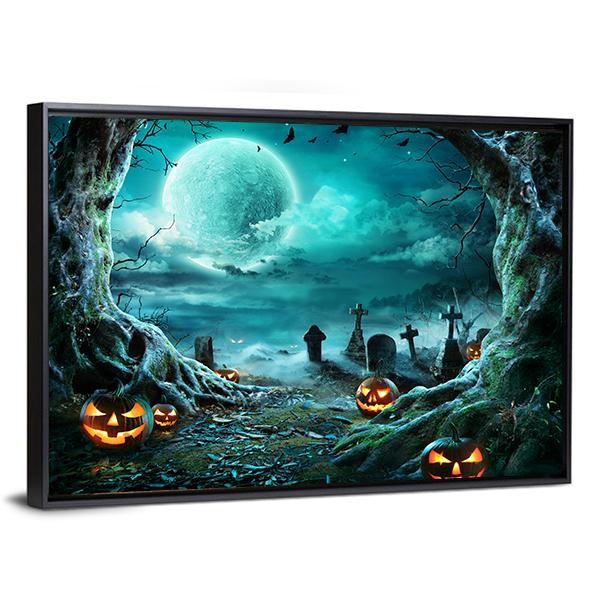 Jack O Lantern In Cemetery At Night Canvas Wall Art-5 Horizontal-Gallery Wrap-22" x 12"-Tiaracle