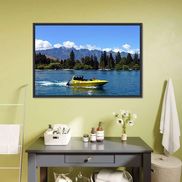 Jet Boat On Lake Wakatipu Canvas Wall Art-1 Piece-Floating Frame-36" x 24"-Tiaracle