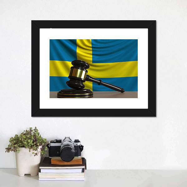 Judge Gavel & Sweden Flag Panoramic Canvas Wall Art-1 Piece-36" x 12"-Tiaracle