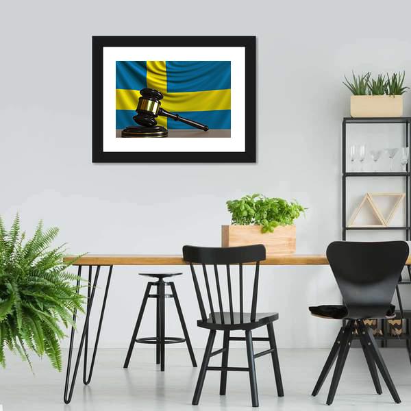 Judge Gavel & Sweden Flag Panoramic Canvas Wall Art-1 Piece-36" x 12"-Tiaracle