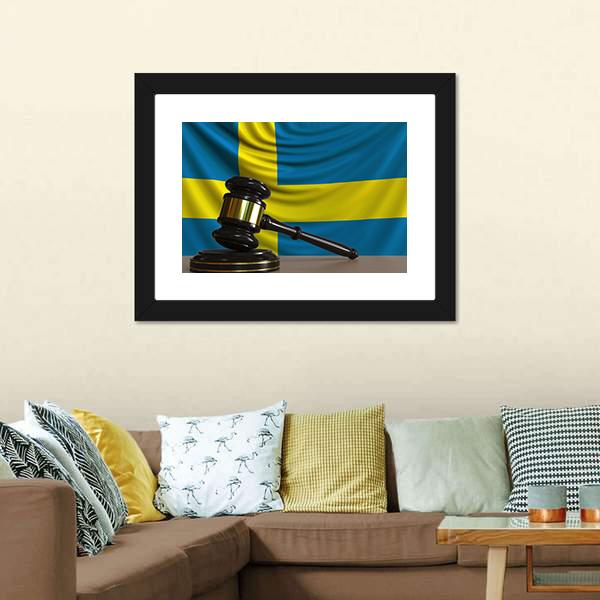 Judge Gavel & Sweden Flag Panoramic Canvas Wall Art-1 Piece-36" x 12"-Tiaracle