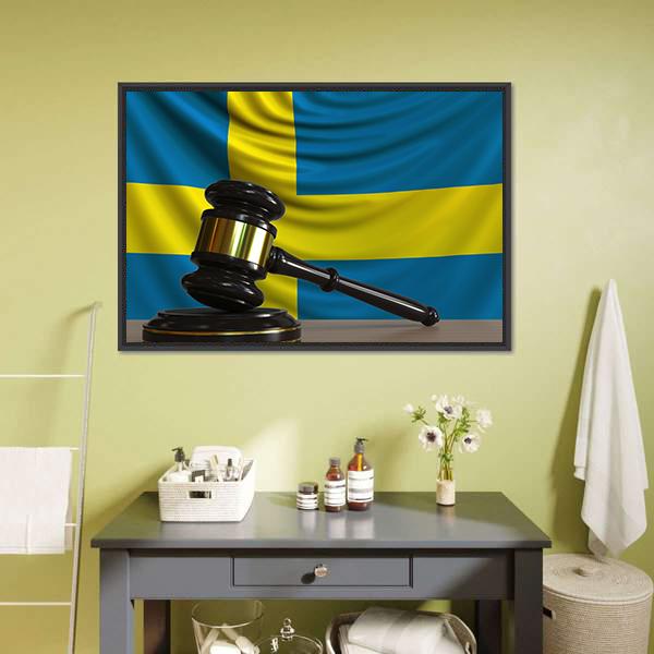Judge Gavel & Sweden Flag Panoramic Canvas Wall Art-1 Piece-36" x 12"-Tiaracle
