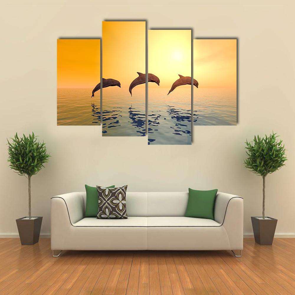 Jumping Dolphins Canvas Wall Art-4 Pop-Gallery Wrap-50" x 32"-Tiaracle