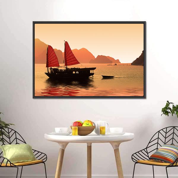 Junk Boat In Vietnam Canvas Wall Art-5 Horizontal-Gallery Wrap-22" x 12"-Tiaracle
