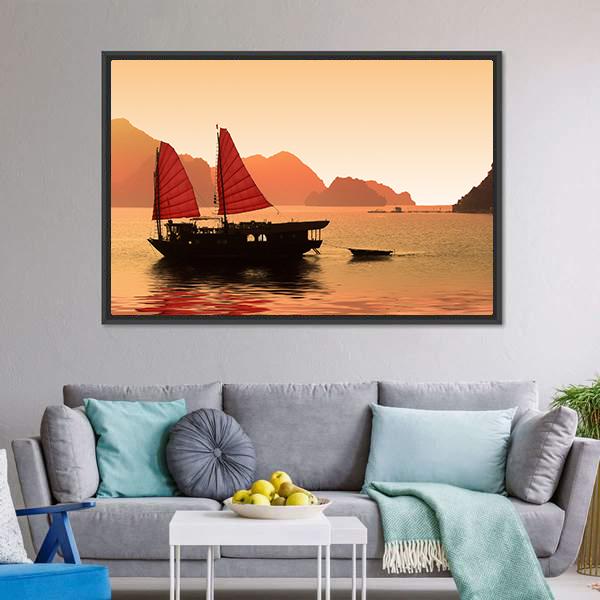 Junk Boat In Vietnam Canvas Wall Art-5 Horizontal-Gallery Wrap-22" x 12"-Tiaracle