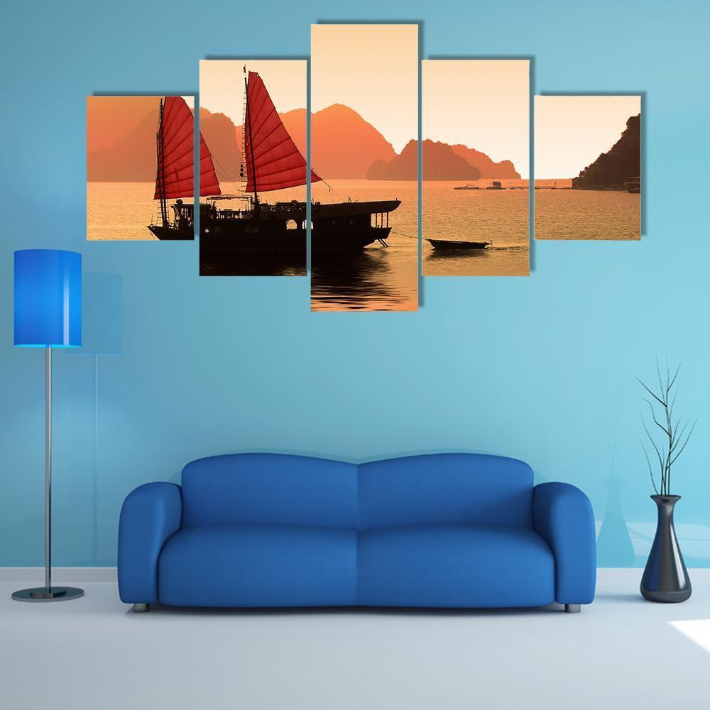 Junk Boat In Vietnam Canvas Wall Art-5 Star-Gallery Wrap-62" x 32"-Tiaracle