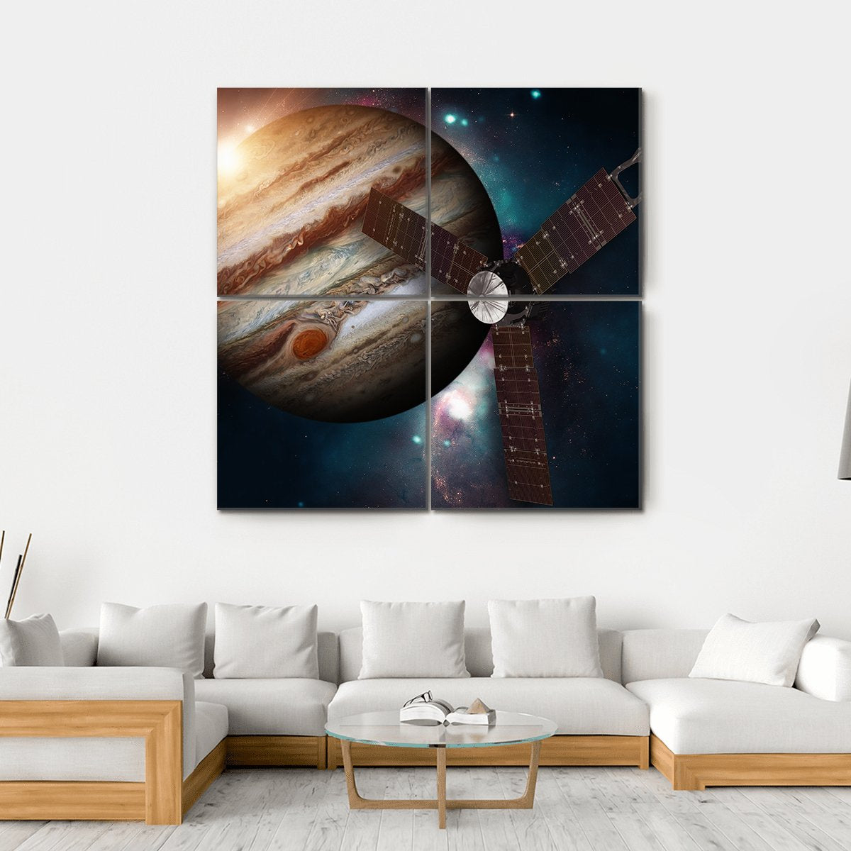 Juno Spacecraft & Jupiter Canvas Wall Art-4 Square-Gallery Wrap-17" x 17"-Tiaracle