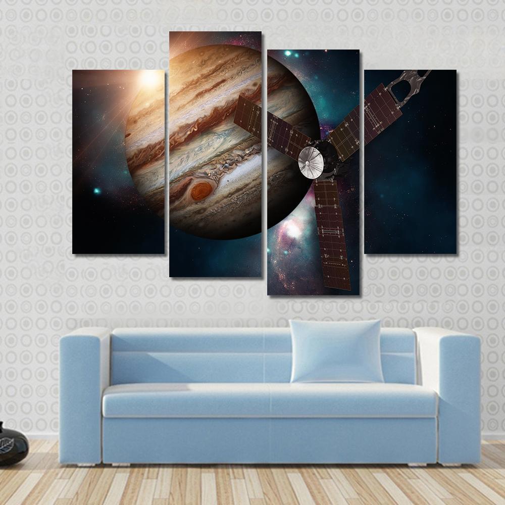 Juno Spacecraft & Jupiter Canvas Wall Art-4 Pop-Gallery Wrap-50" x 32"-Tiaracle