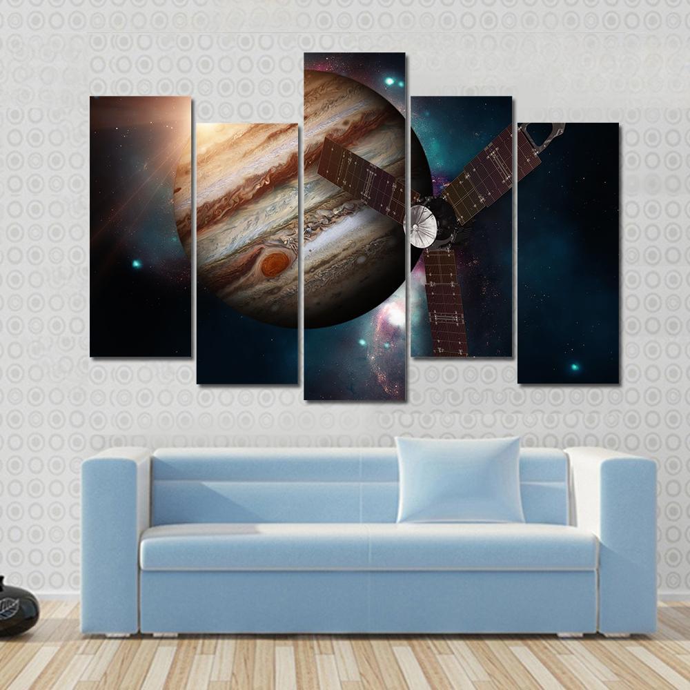 Juno Spacecraft & Jupiter Canvas Wall Art-5 Pop-Gallery Wrap-47" x 32"-Tiaracle
