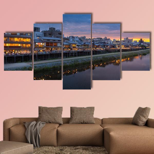 Kamogawa River At Sunset Canvas Wall Art-5 Star-Gallery Wrap-62" x 32"-Tiaracle