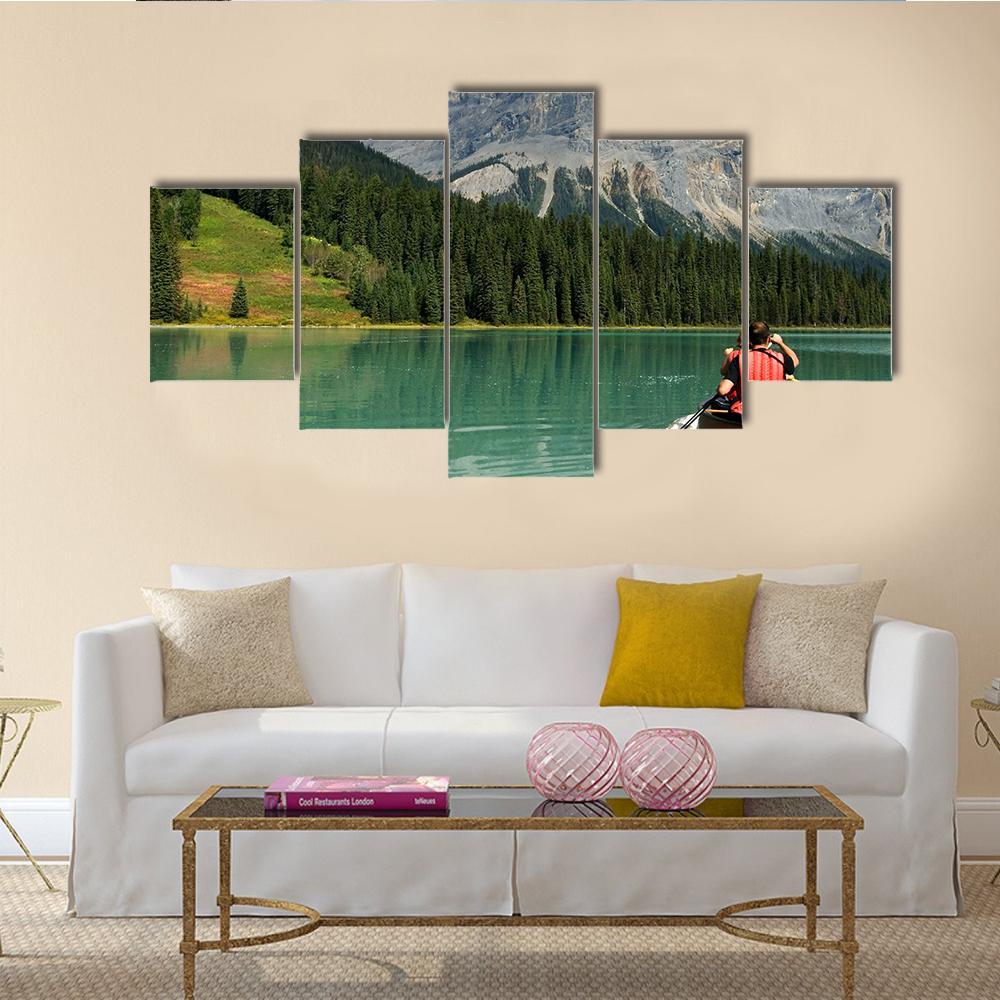 Kayak In Emerald Lake Canvas Wall Art-5 Star-Gallery Wrap-62" x 32"-Tiaracle