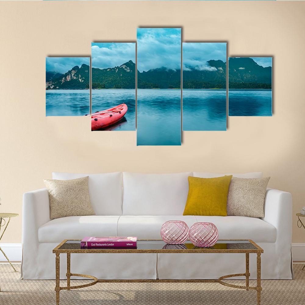 Kayak On Lake At Ratchaprapha Dam Canvas Wall Art-5 Star-Gallery Wrap-62" x 32"-Tiaracle