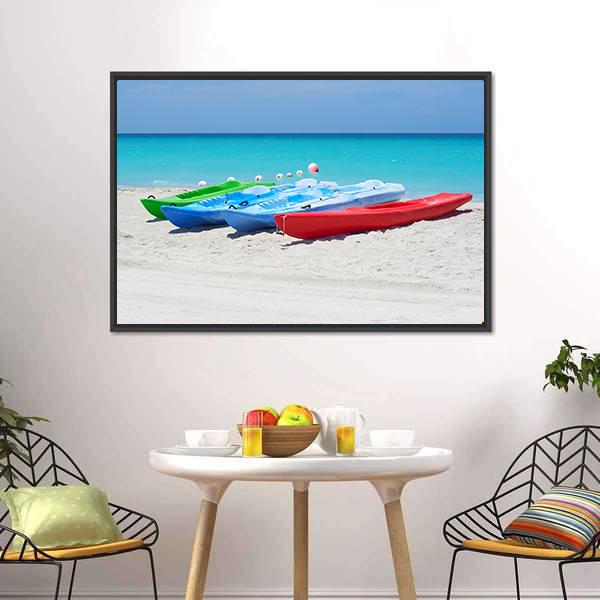 Kayaks On Beach Canvas Wall Art-5 Horizontal-Gallery Wrap-22" x 12"-Tiaracle
