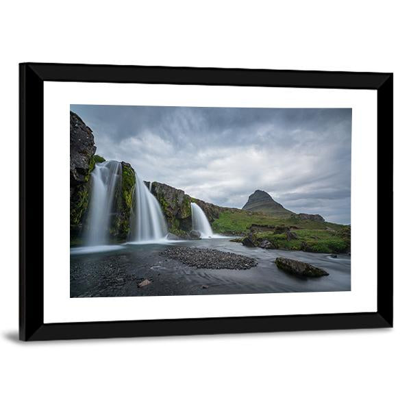 Kirkjufellsfoss On Cloudy Day Canvas Wall Art-3 Horizontal-Gallery Wrap-25" x 16"-Tiaracle