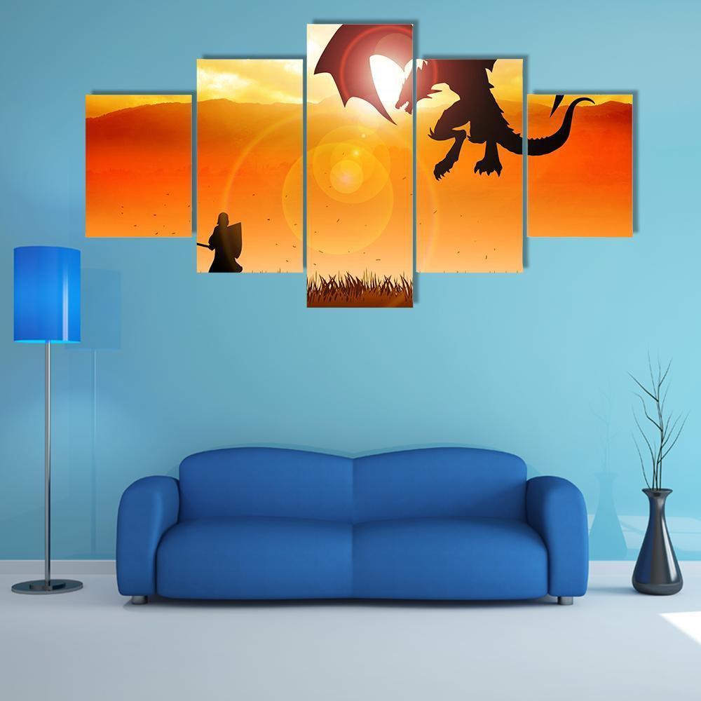 Knight Fighting A Dragon Canvas Wall Art-5 Star-Gallery Wrap-62" x 32"-Tiaracle