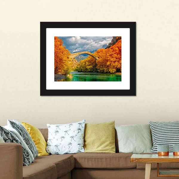 Konitsa Bridge In Autumn Canvas Wall Art-3 Horizontal-Gallery Wrap-25" x 16"-Tiaracle