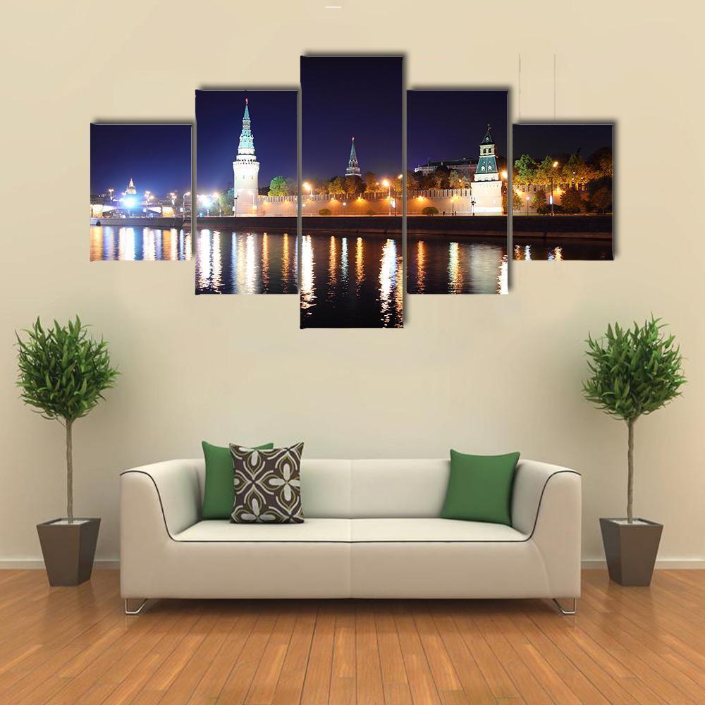 Kremlin From River At Night Canvas Wall Art-5 Star-Gallery Wrap-62" x 32"-Tiaracle