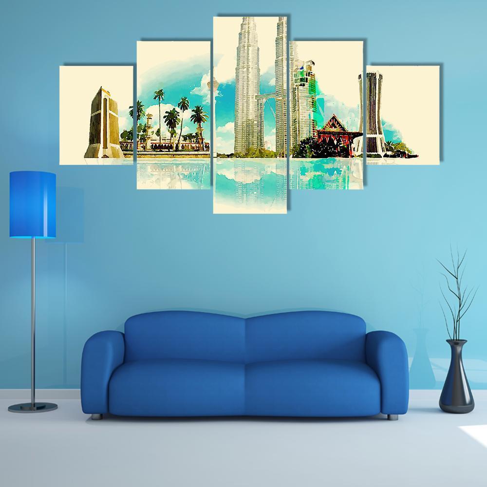 Kuala Lumpur City Illustration Canvas Wall Art-5 Star-Gallery Wrap-62" x 32"-Tiaracle