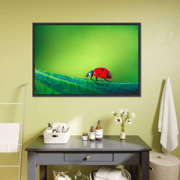 Ladybug On Leaf Canvas Wall Art-1 Piece-Floating Frame-24" x 16"-Tiaracle