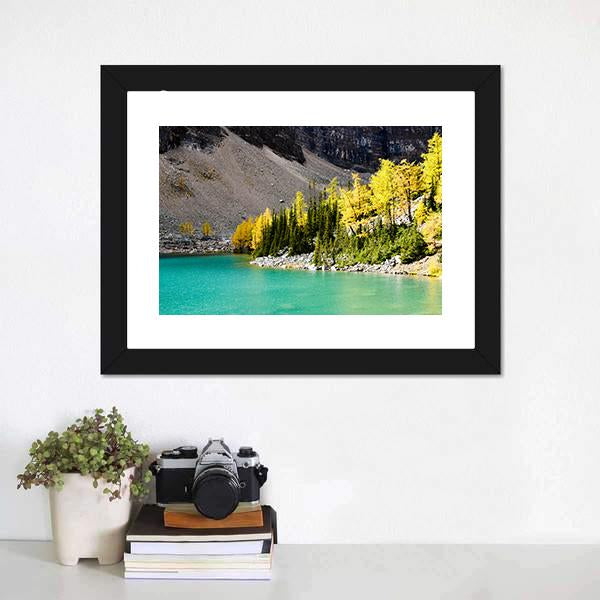 Lake Agnes In Autumn Canvas Wall Art-1 Piece-Framed Print-42" x 14"-Tiaracle