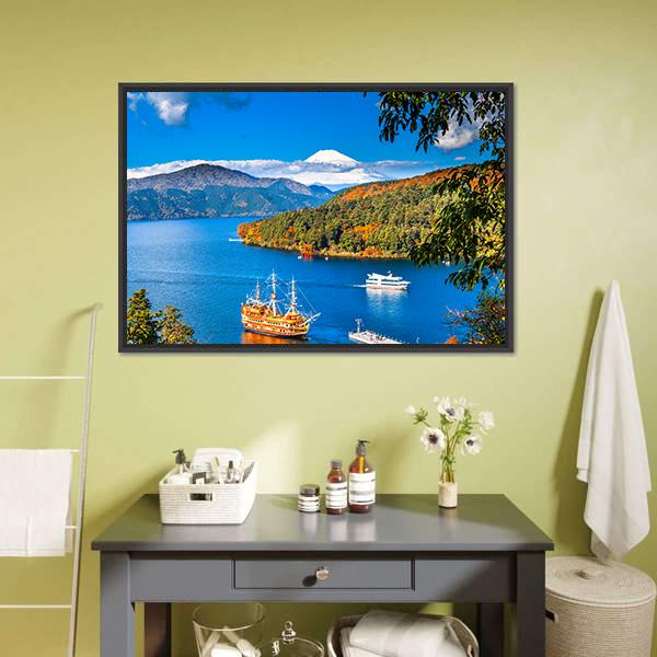 Lake Ashi & Mount Fuji Canvas Wall Art-1 Piece-Floating Frame-24" x 16"-Tiaracle