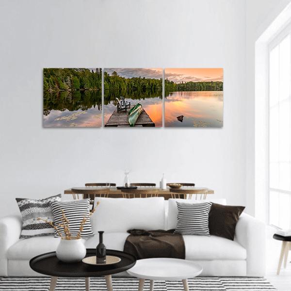 Green Canoe & Chairs On Lake Panoramic Canvas Wall Art-3 Piece-25" x 08"-Tiaracle