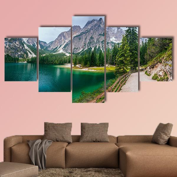Lake Between Mountains Canvas Wall Art-5 Star-Gallery Wrap-62" x 32"-Tiaracle