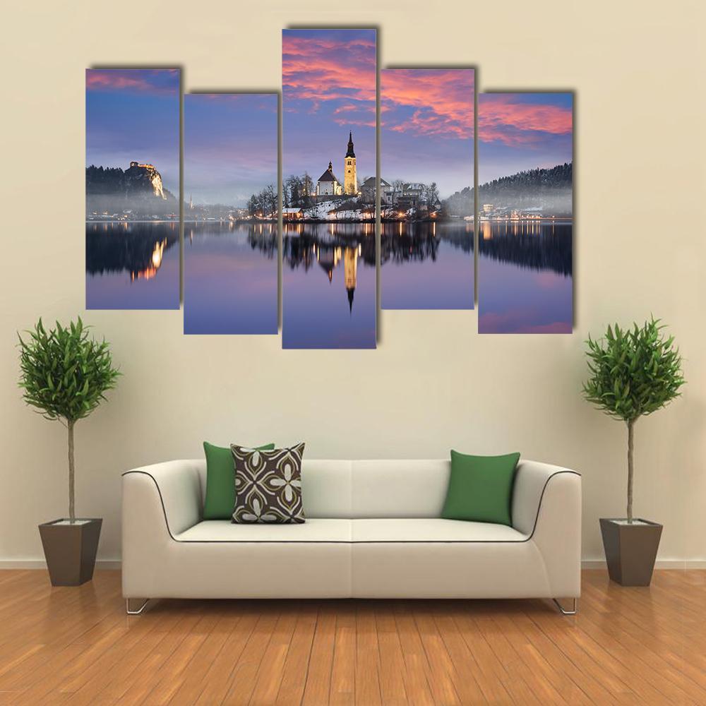 Lake Bled In Winter Canvas Wall Art-5 Pop-Gallery Wrap-47" x 32"-Tiaracle