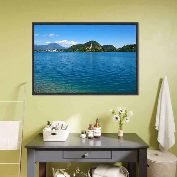 Lake Bled & Mountains Canvas Wall Art-1 Piece-Floating Frame-24" x 16"-Tiaracle