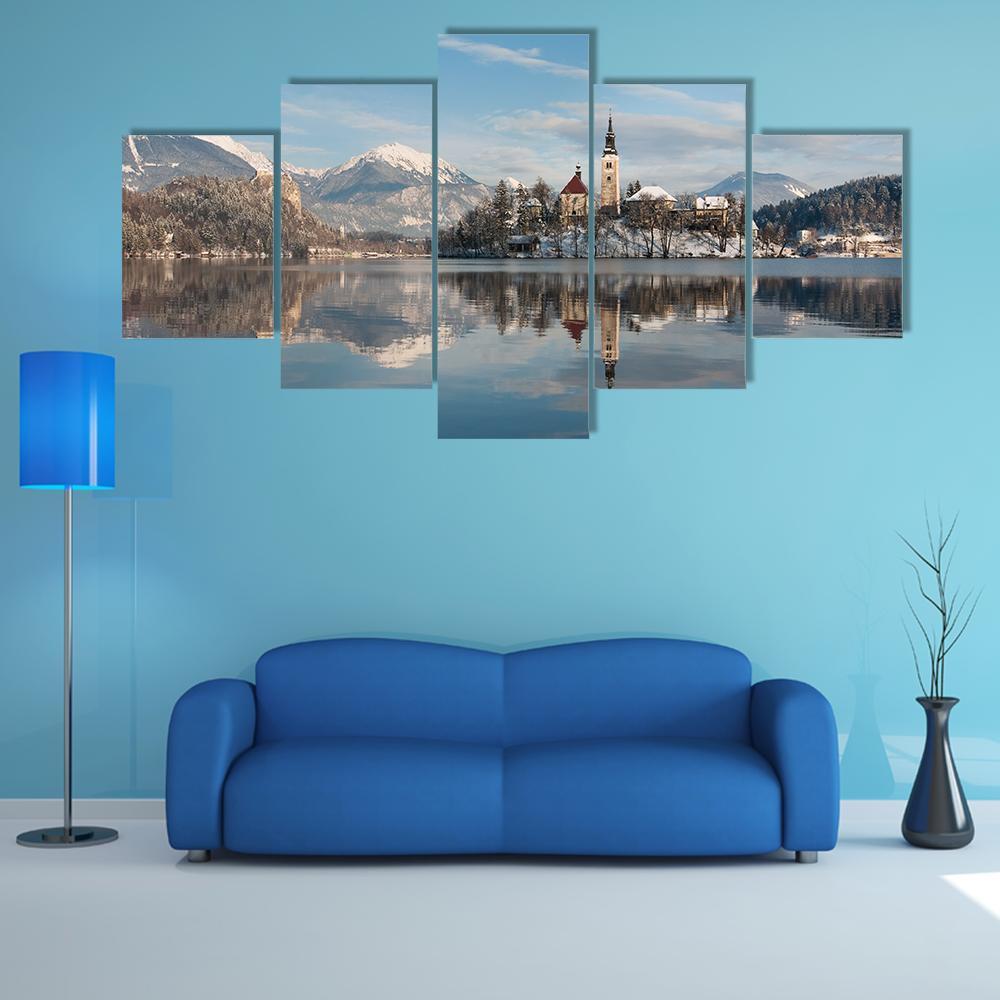 Lake Bled With Small Island Canvas Wall Art-5 Star-Gallery Wrap-62" x 32"-Tiaracle