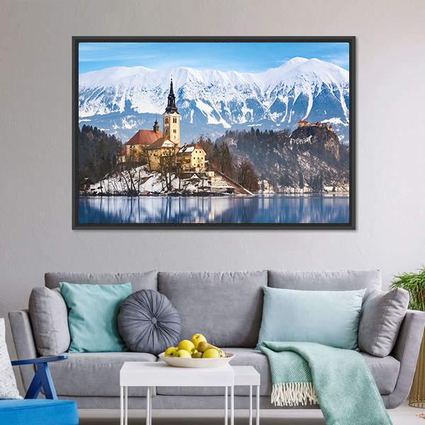 Lake Bled With St Marys Church Canvas Wall Art-3 Horizontal-Gallery Wrap-25" x 16"-Tiaracle