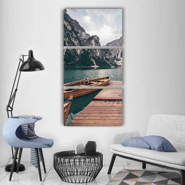 Boats On Lake Braies Vertical Canvas Wall Art-3 Vertical-Gallery Wrap-12" x 25"-Tiaracle