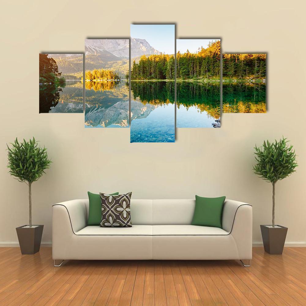 Lake Eibsee In Sunlight Canvas Wall Art-5 Star-Gallery Wrap-62" x 32"-Tiaracle