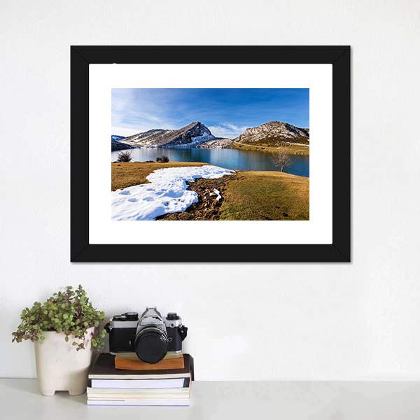 Lake Enol In Winter Canvas Wall Art-1 Piece-Framed Print-30" x 20"-Tiaracle