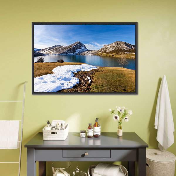 Lake Enol In Winter Canvas Wall Art-1 Piece-Floating Frame-24" x 16"-Tiaracle