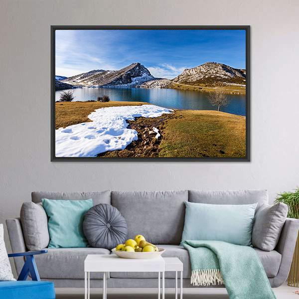 Lake Enol In Winter Canvas Wall Art-3 Horizontal-Gallery Wrap-25" x 16"-Tiaracle