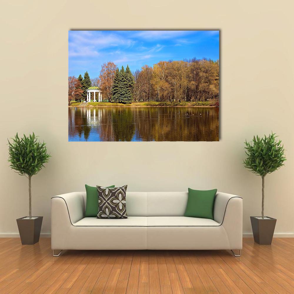 Lake Gazebo In Autumn Canvas Wall Art-1 Piece-Gallery Wrap-48" x 32"-Tiaracle